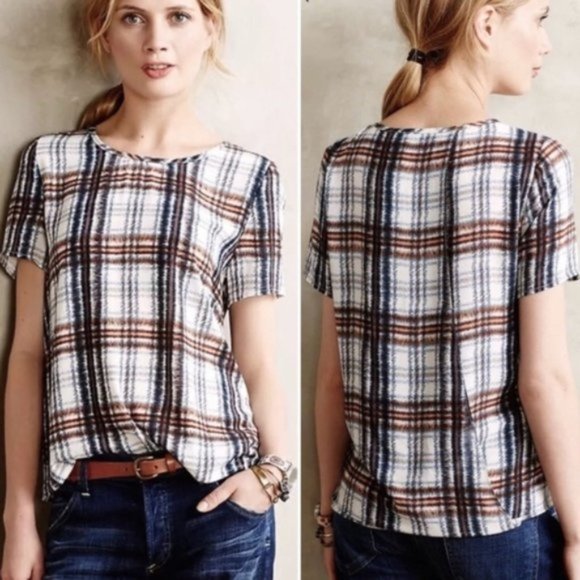 Anthropologie Maeve Plaid Open Tulip Back Blouse XS - Picture 1 of 9